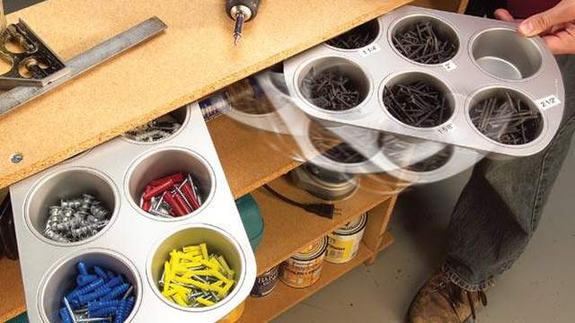 Make Handy Pull-Out Hardware Bins With Muffin Tins