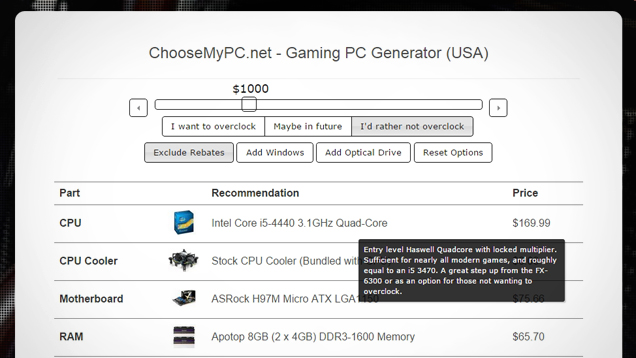 ChooseMyPC Generates A Sample PC Build In Your Budget