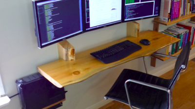The Floating, Hand-Crafted Wood, Triple Monitor Workspace