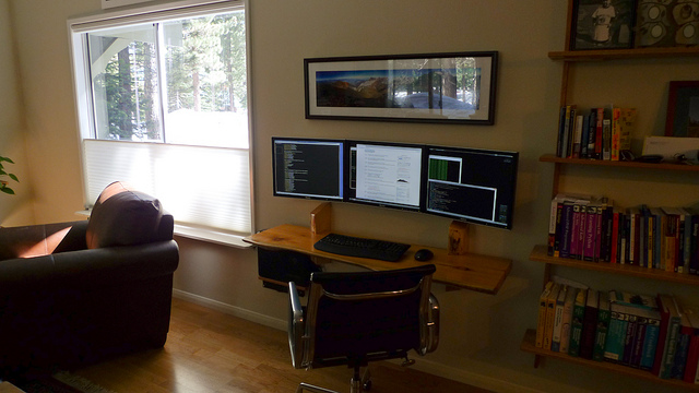 The Floating, Hand-Crafted Wood, Triple Monitor Workspace
