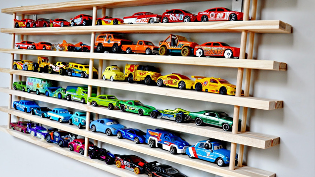 Turn A Shoe Rack Into A Toy Car Wall Display
