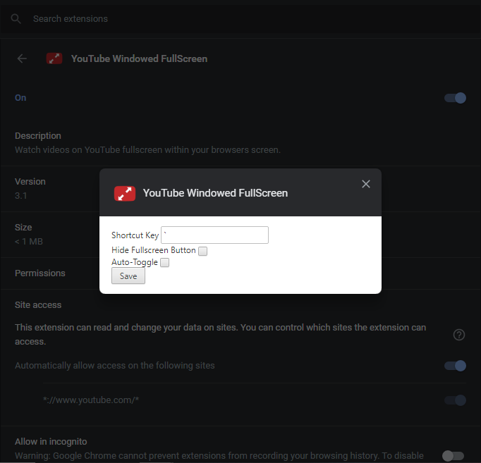 YouTube Windowed FullScreen's add-on settings. (Screenshot: Brendan Hesse)