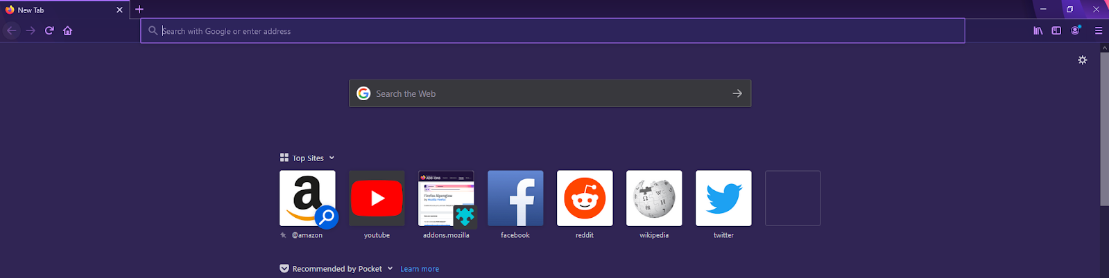 Firefox's homepage with Alpenglow's dark theme (Screenshot: Brendan Hesse)