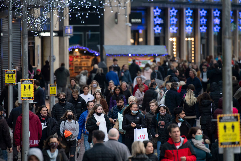 CARDIFF, WALES - NOVEMBER 21: A general view of shoppers on the Hayes on November 21, 2020 in Cardiff, Wales. Restrictions across Wales have been relaxed following a two-week "firebreak" lockdown which ran from October 23 to November 9. England went into lockdown on November 5 and will exit on December 2. (Photo by Matthew Horwood/Getty Images)