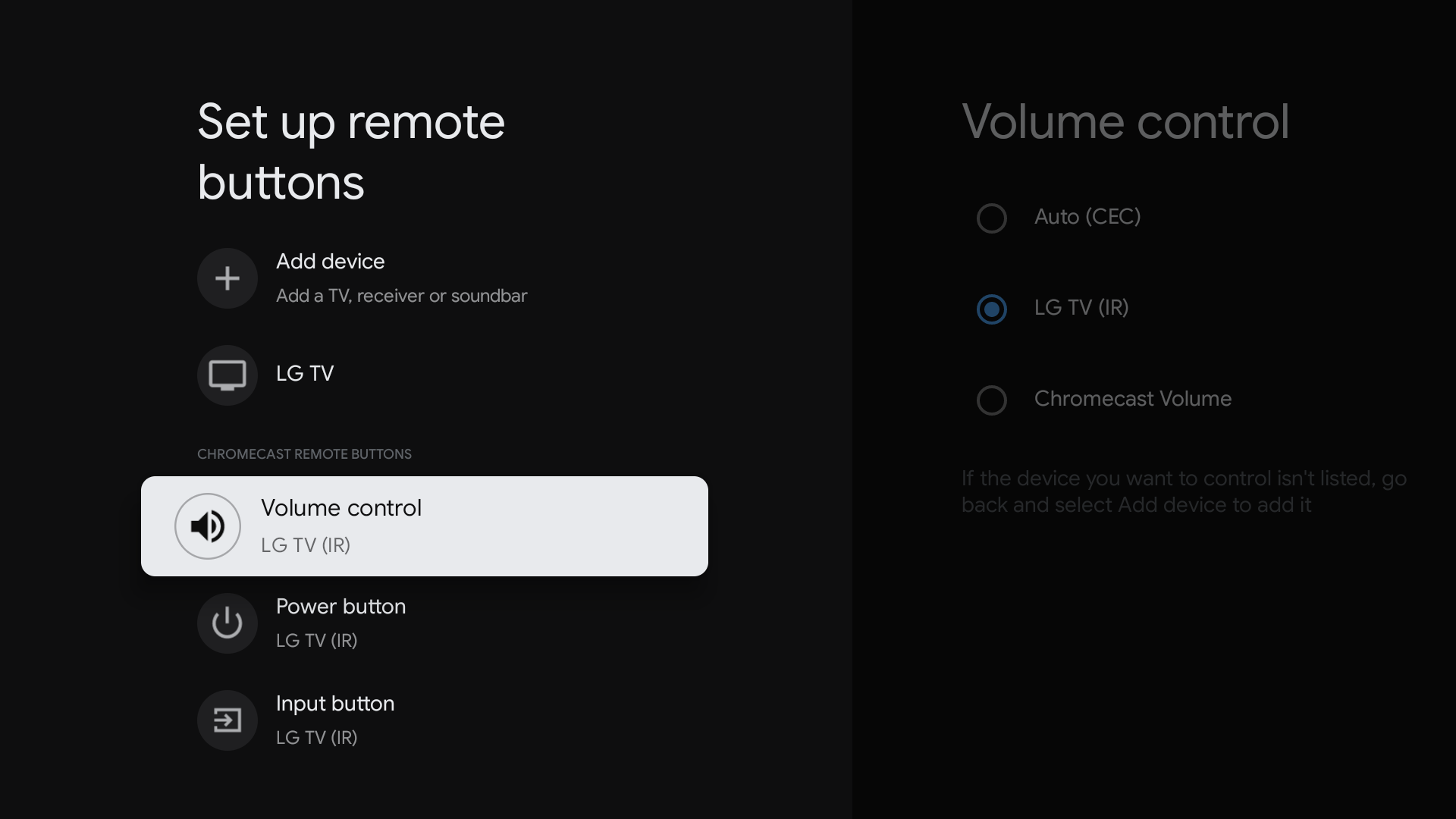 Control your TV's power, volume, and inputs buttons with the Chromecast for Google TV remote.  (Screenshot: Florence Ion)