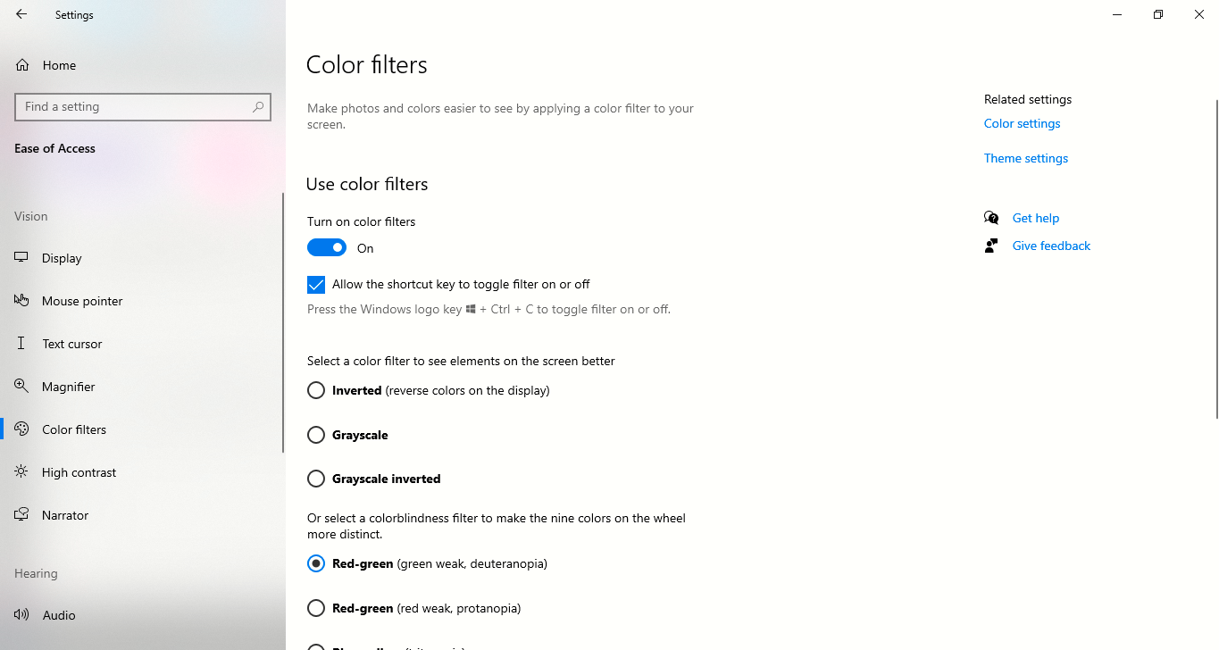 The colour filters screen in Windows 10. (Screenshot: Shannon Flynn)
