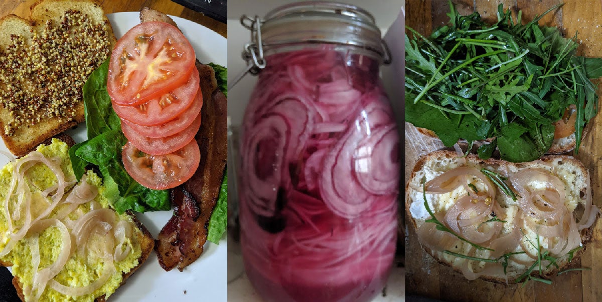 On the left, a tomato sandwich with mustard, smoked corn mayo, tomatoes, lettuce, bacon and pickled onions. On the right, a roast beef sandwich with brie, arugula, radicchio, horseradish and pickled red onions.In the middle, a tall glass jar of pickled red onions.  (Photo: Amanda Blum)