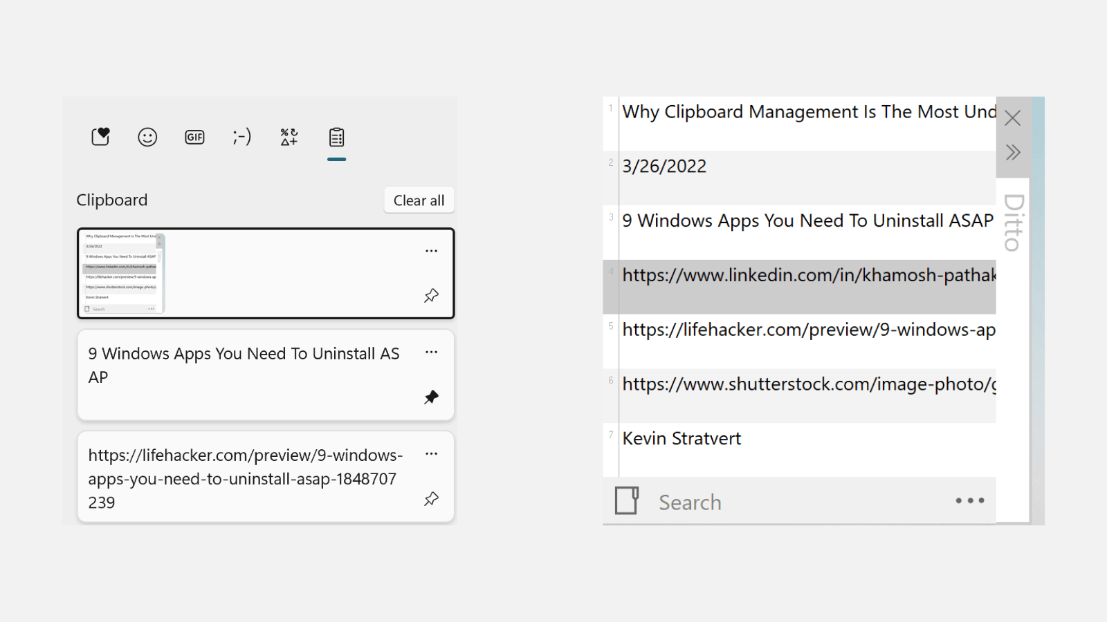 Left: Windows 11 Clipboard History | Right: Ditto Clipboard Manager (Screenshot: Khamosh Pathak)