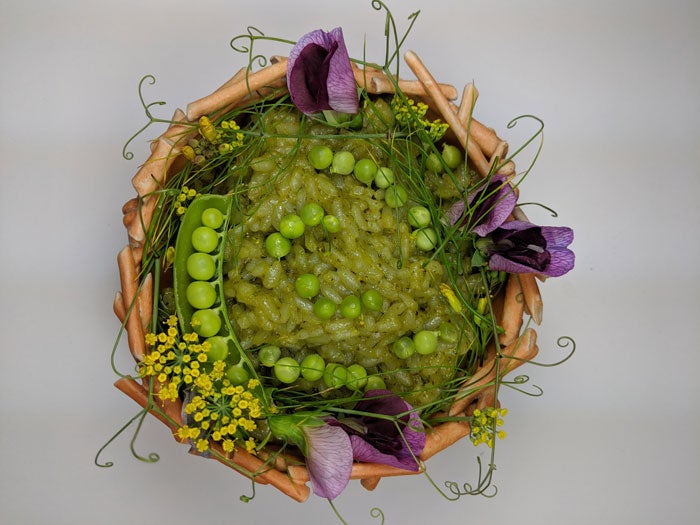  peas, pea tendrils, pea flowers and the pods make this green goddess risotto supes fancy (Image: Amanda Blum)