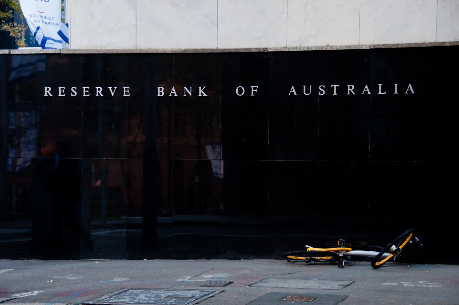 interest rates Reserve Bank of Australia building name on black stone wall in the center of Sydney NSW Australia.