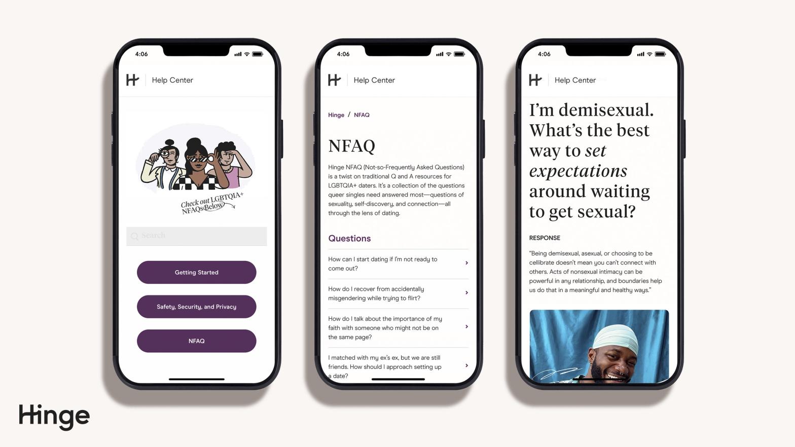 NFAQ will currently sit in the app's Help Centre. (Image: Hinge)