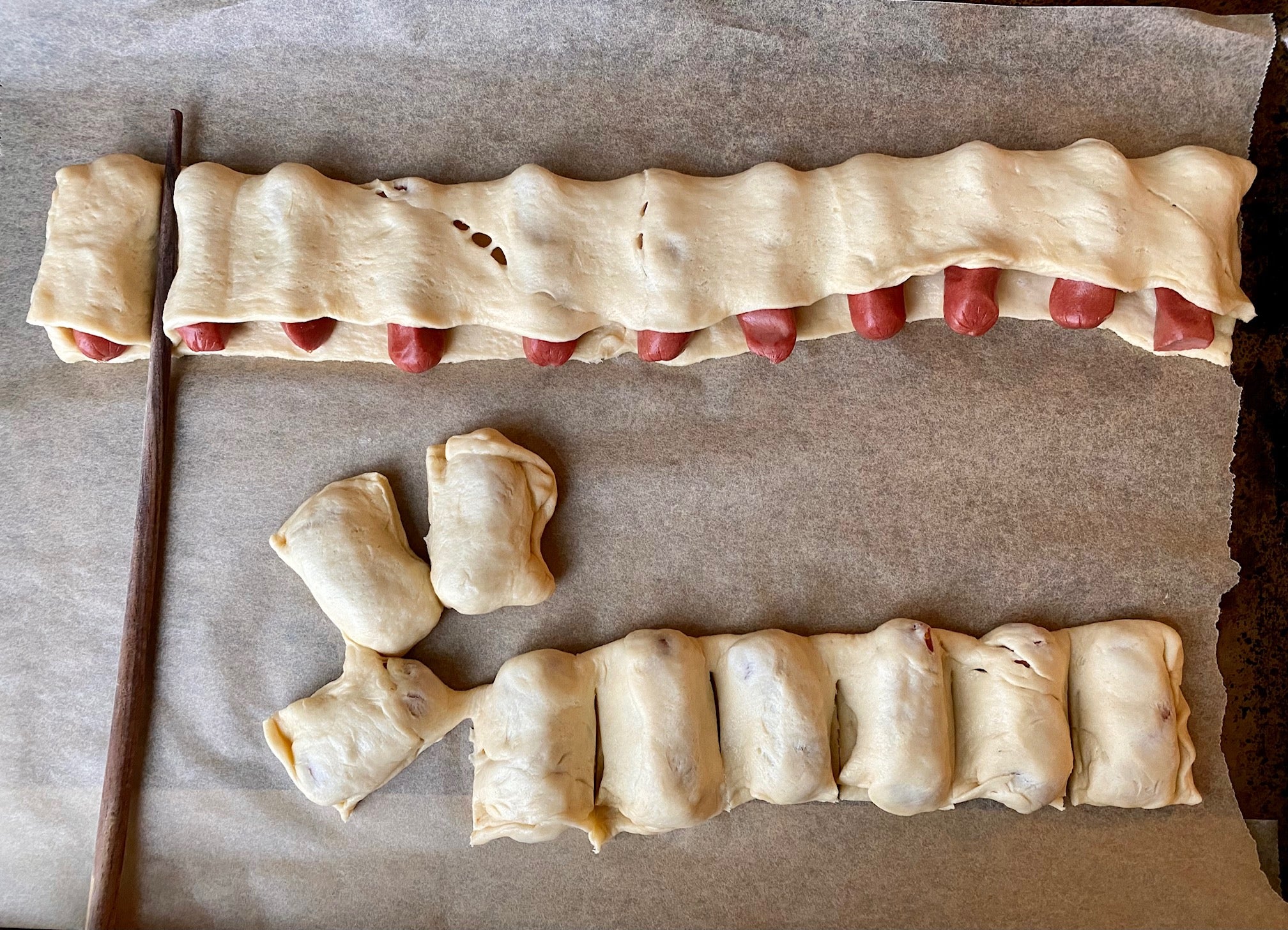 Top: Chopstick pressing between the dough, bottom: pressed, sliced, and beginning to shape. (Photo: Allie Chanthorn Reinmann)