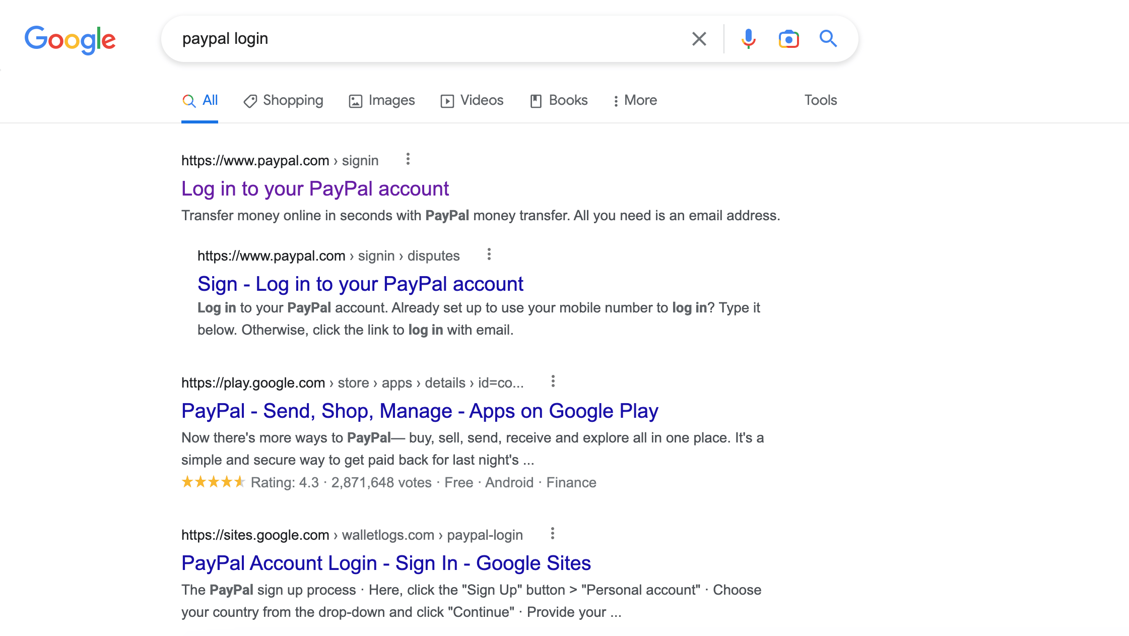Screenshot: Google search for “PayPal login”, Other