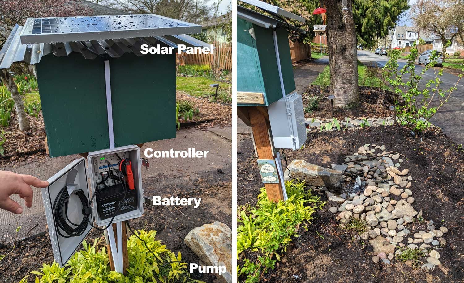 I mounted the solar panel to my little free library, and attached the junction box to the back of it as well. On the right you see the sunken pond liner filled with rocks, water, and the pump, before the drilled rock was placed over it.  (Photo: Amanda Blum)