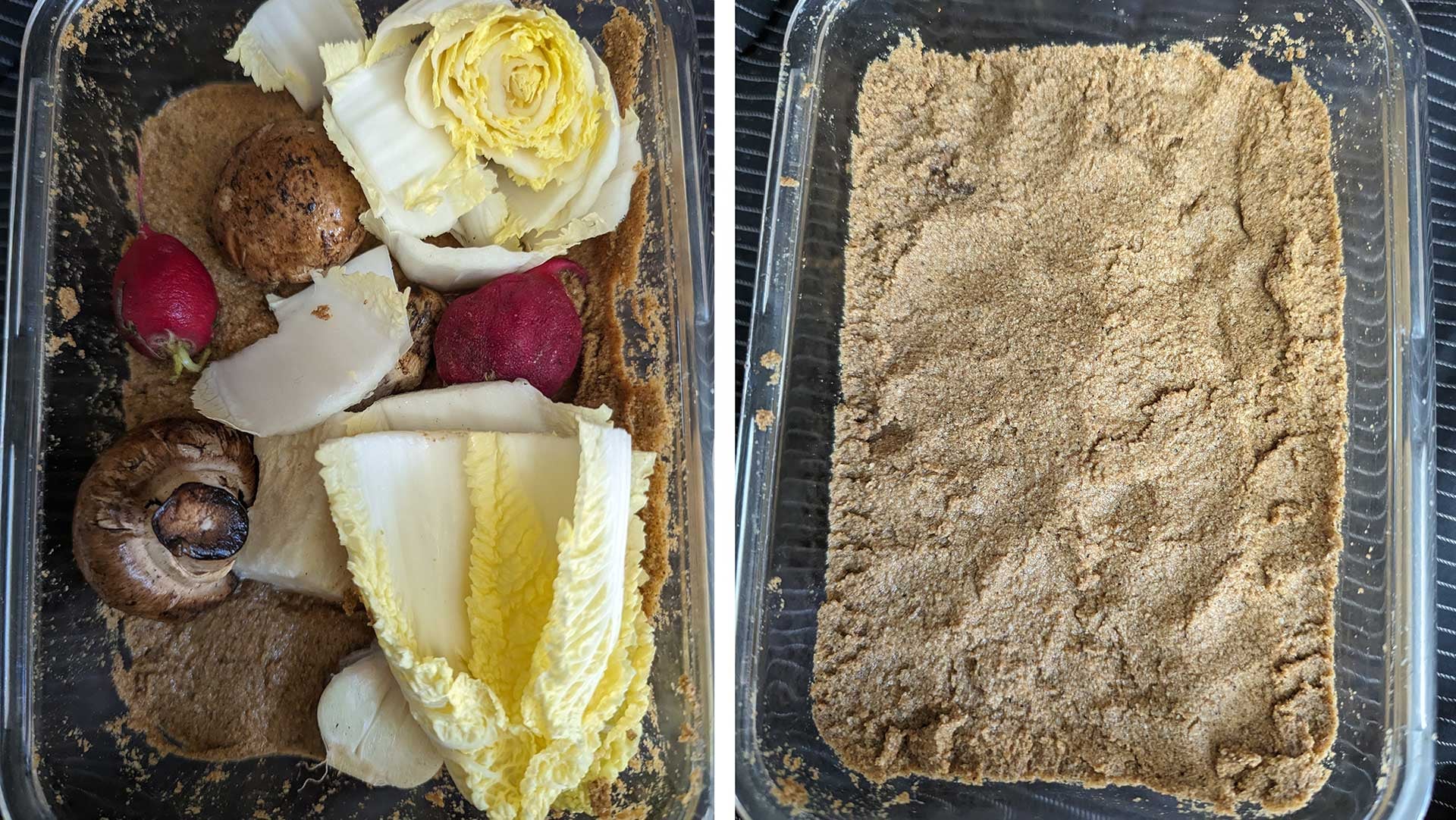 On the left, everything about to go into the nuka bed, and on the right, all the vegetables, now buried in the bran.  (Photo: Amanda Blum)