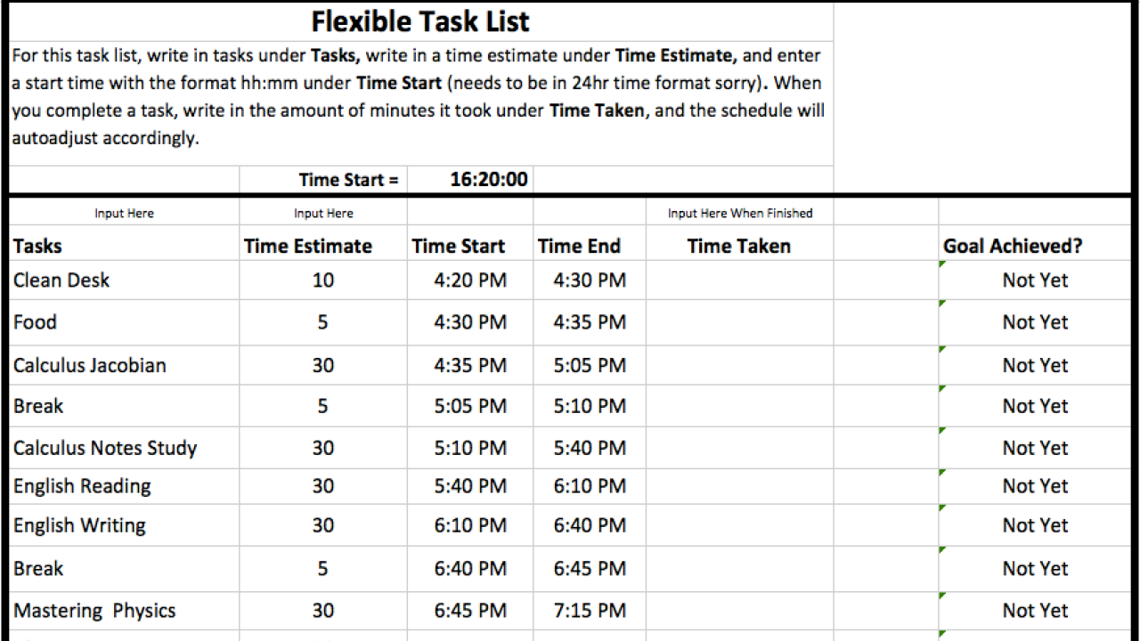 Flexible Task List Is The Simplest Excel Template For Time Tracking