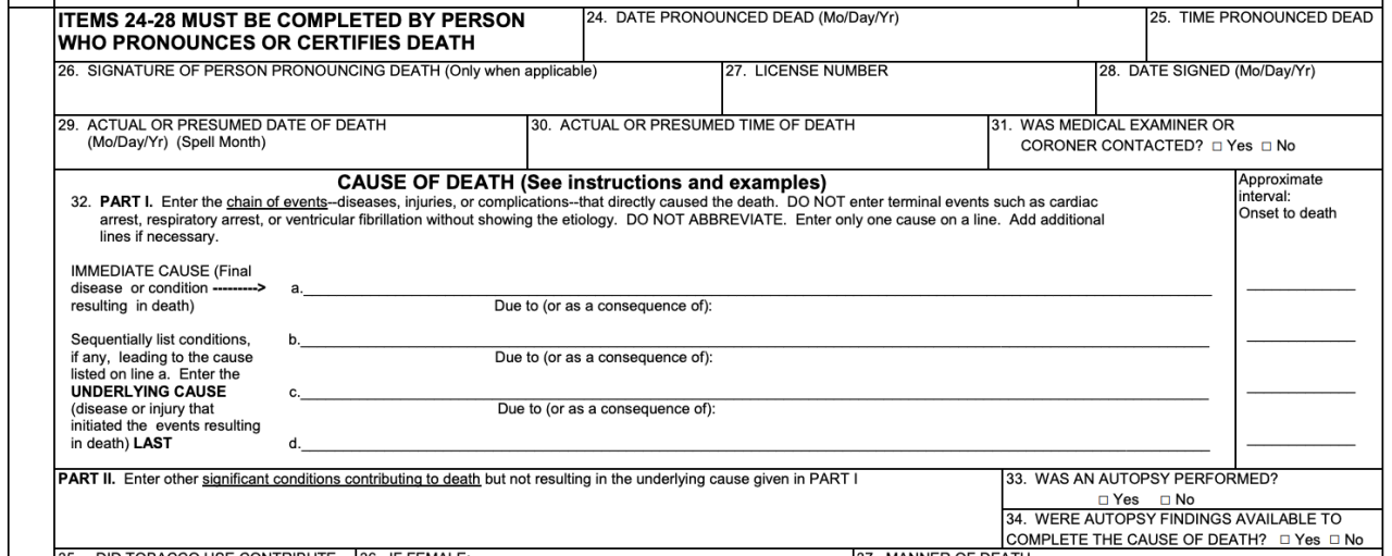 The portion of the U.S. Standard Certificate of Death where immediate and underlying causes are listed (Screenshot: CDC, Fair Use)