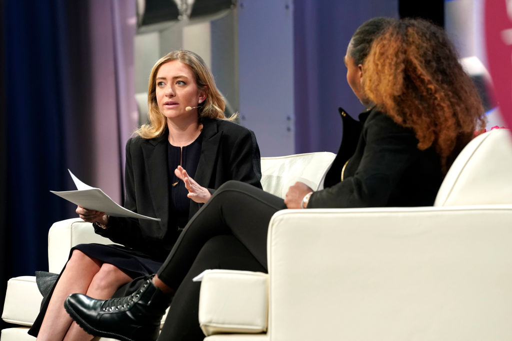 SAN JOSE, CALIFORNIA - FEBRUARY 22: Whitney Wolfe Herd, Founder and CEO of Bumble, and Serena Williams speak on stage during keynote conversation at 2019 Watermark Conference for Women Silicon Valley at San Jose McEnery Convention Center on February 22, 2019 in San Jose, California. (Photo by Marla Aufmuth/WireImage)