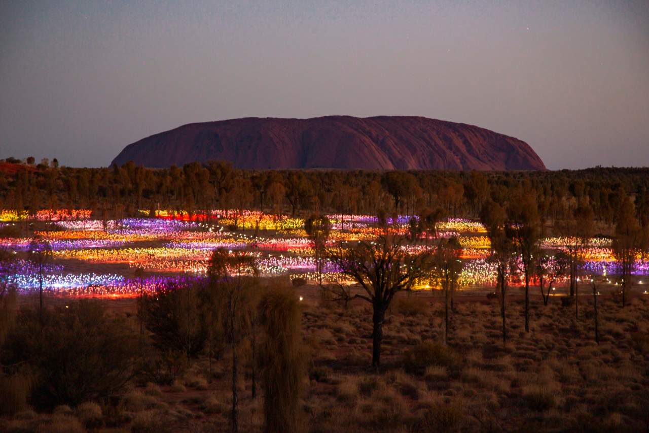 The Field of Light art installation, a global phenomenon by internationally acclaimed artist Bruce Munro, has come home to the place that inspired it - Uluru.

Uluru, or Ayers Rock, is a massive sandstone monolith in the heart of the Northern Territory's arid "Red Centre". Uluru is sacred to indigenous Australians and is thought to have started forming around 550 million years ago.