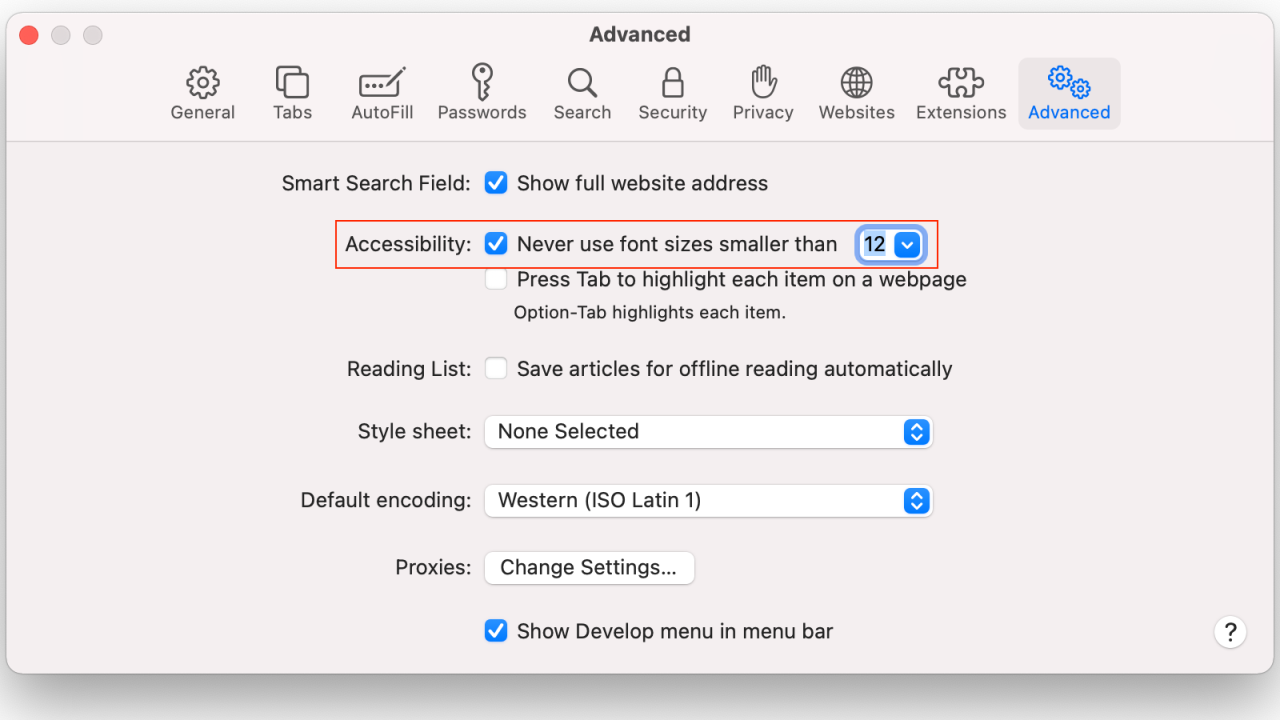 Set a minimum font size for all websites in Safari on Mac. (Screenshot: Pranay Parab)