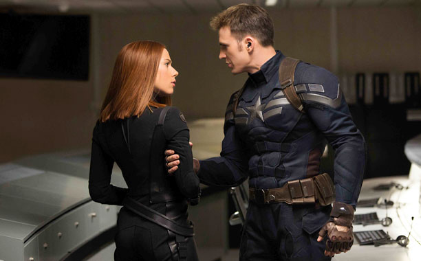 "Marvel's Captain America: The Winter Soldier"..L to R: Black Widow/Natasha Romanoff (Scarlett Johansson) & Captain America/Steve Rogers (Chris Evans)..Ph: Zade Rosenthal..? 2014 Marvel. All Rights Reserved.
