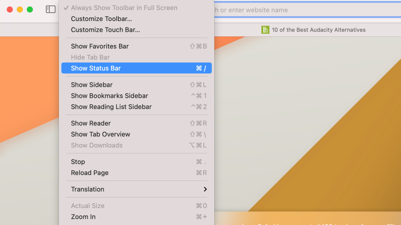 Reveal the Status Bar in Safari on Mac. (Screenshot: Pranay Parab)