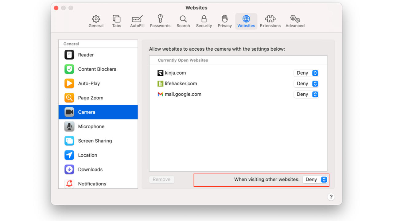 Deny camera access to websites that don't need it in Safari on Mac. (Screenshot: Pranay Parab)