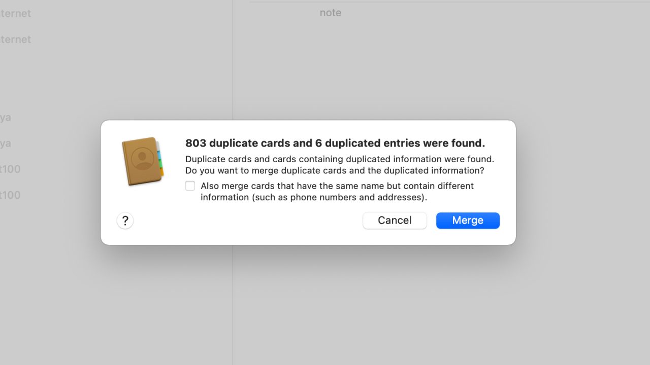 Merge duplicate entries in the address book using the Contacts app on Mac. (Screenshot: Pranay Parab)