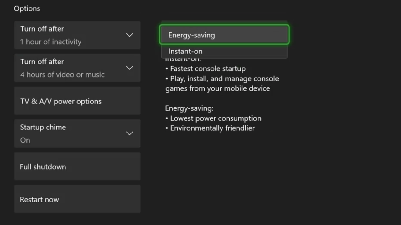 Energy-saving power mode on an Xbox Series X. (Screenshot: Pranay Parab)