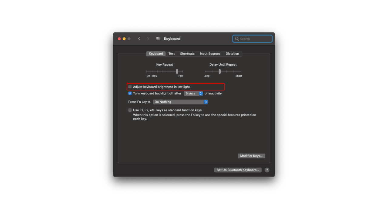 Disabling automatic keyboard brightness adjustments on Mac. (Screenshot: Pranay Parab)