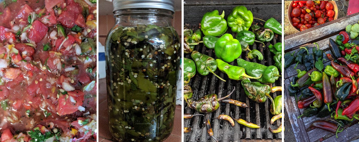 From right, freshly picked peppers and tomatoes, grilling the peppers to char, fermenting the peppers in a jar in brine, and then the finished salsa. (Photo: Amanda Blum)