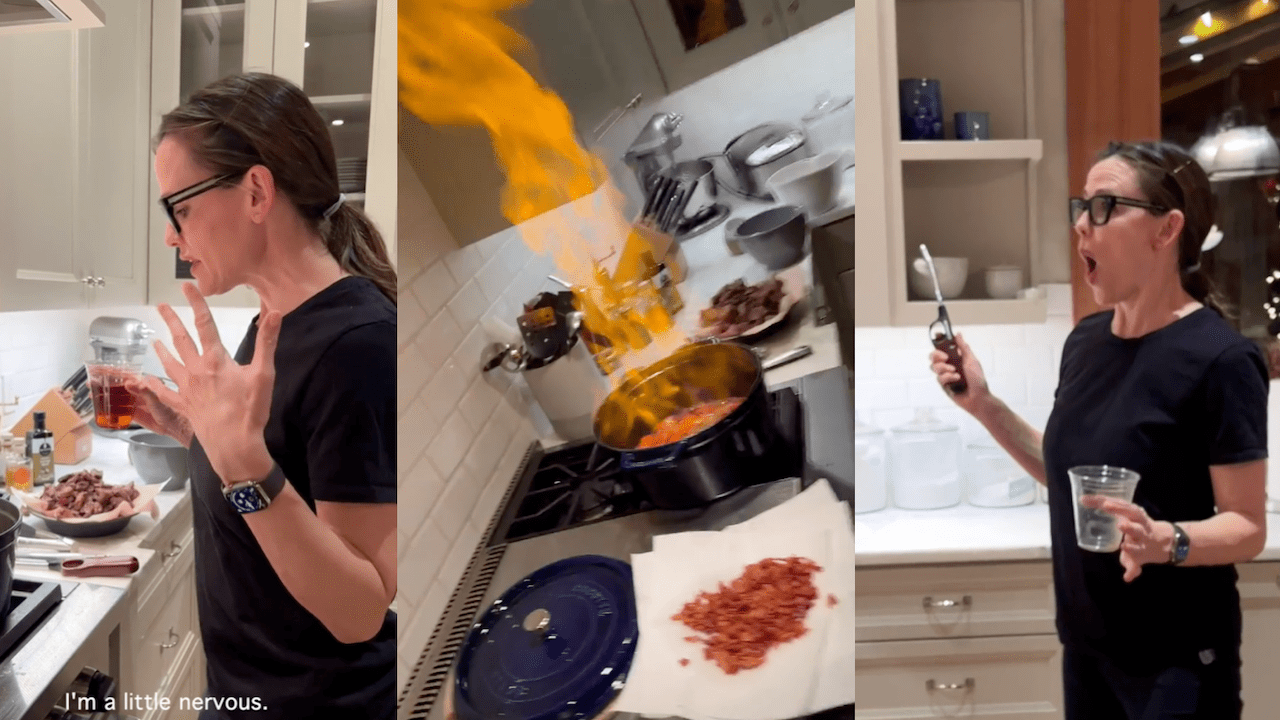 Jennifer Garner Literally Set Her Kitchen Alight with Her Pretend Cooking Show