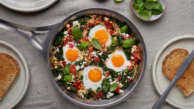 Add a Little Spinach and Feta to Your Baked Eggs for a Greek Twist